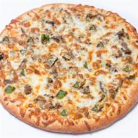 Philly Steak Pizza · White garlic sauce, shaved steak, sweet peppers, onions, fresh mushrooms and mozzarella chee...