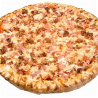 Hawaian Pizza · Tomato pizza sauce, chopped ham, bacon, pineapple chunks and mozzarella cheese.