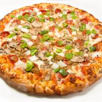Perri's Supreme Pizza · Tomato pizza sauce, pepperoni, sausage, fresh mushroom, sweet peppers, onion and mozzarella ...