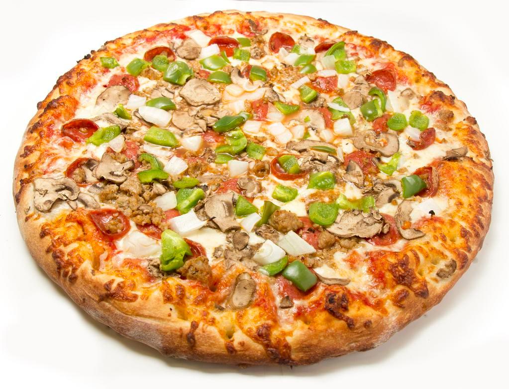 Perri's Supreme Pizza · Tomato pizza sauce, pepperoni, sausage, fresh mushroom, sweet peppers, onion and mozzarella cheese.