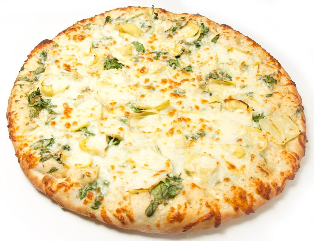 Spinach and Artichoke Pizza · White garlic sauce, artichoke chunks, fresh spinach, pecorino Romano and mozzarella cheese.