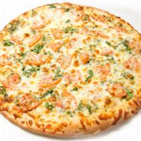 Tomato and Spinach Pizza · White garlic sauce, sliced tomato, fresh spinach and mozzarella cheese.