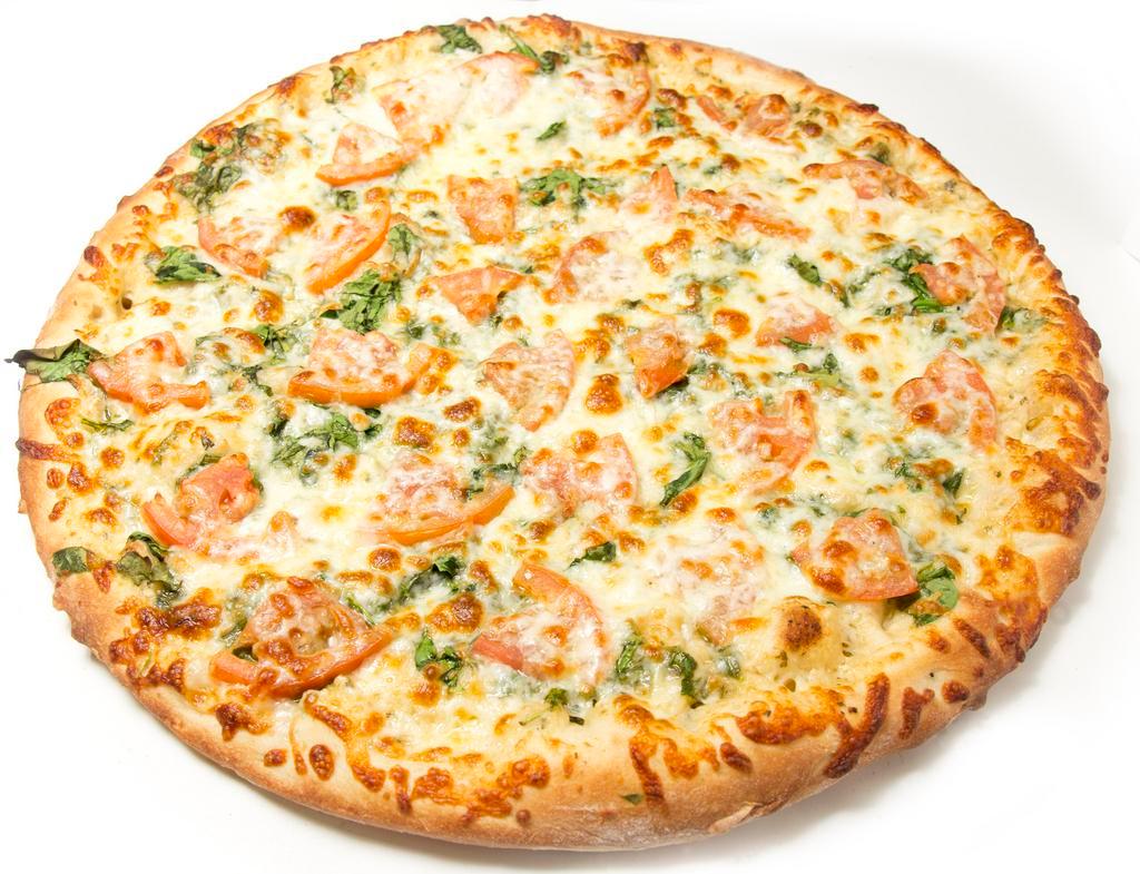 Tomato and Spinach Pizza · White garlic sauce, sliced tomato, fresh spinach and mozzarella cheese.