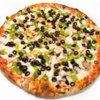 The Landmark Pizza · Veggies. Choice of sauce, fresh mushroom, sweet peppers, onion, black olive and mozzarella c...