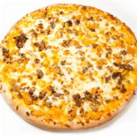The Golden Eagle Pizza · Perri's gold sauce, breaded chicken, shaved steak, mozzarella and cheddar cheese.