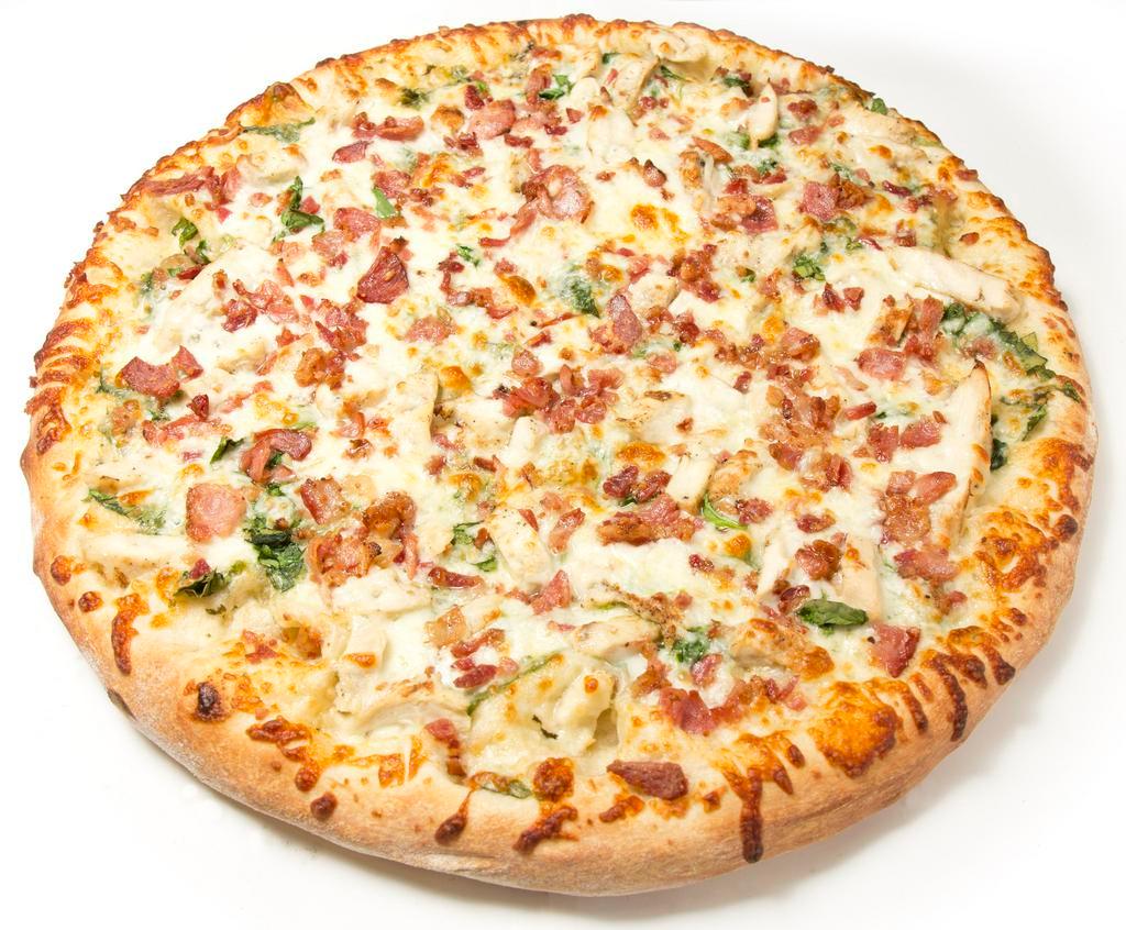 The Popeye Pizza · White garlic sauce, fresh spinach, grilled chicken, bacon, mozzarella cheese, pecorino Romano and oregano.