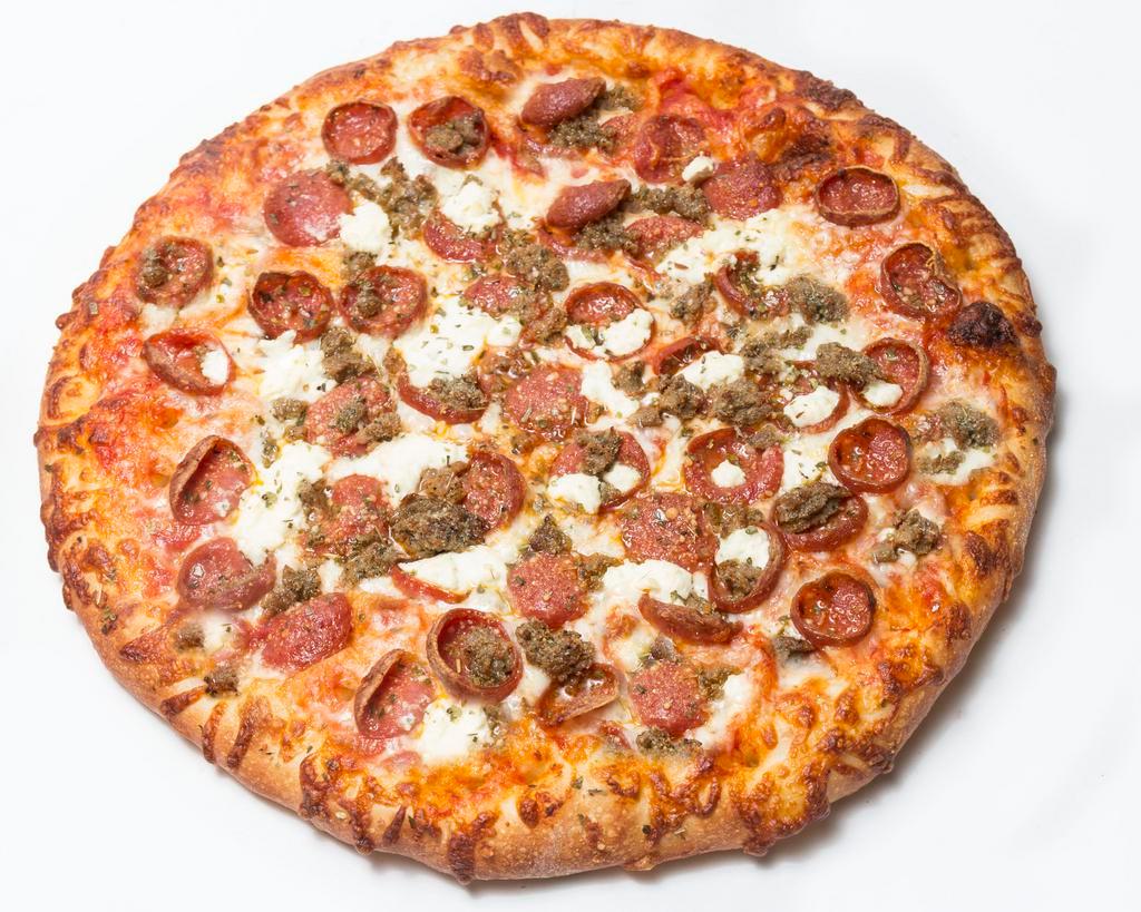 Meatballer™ Pizza · Tomato pizza sauce, Perri's famous pepperoni, meatball chunks, ricotta, mozzarella cheese and pecorino Romano and oregano.