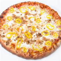 The Bonnie and Clyde Pizza · Tomato sauce, banana peppers, sausage, ricotta and mozzarella cheese.