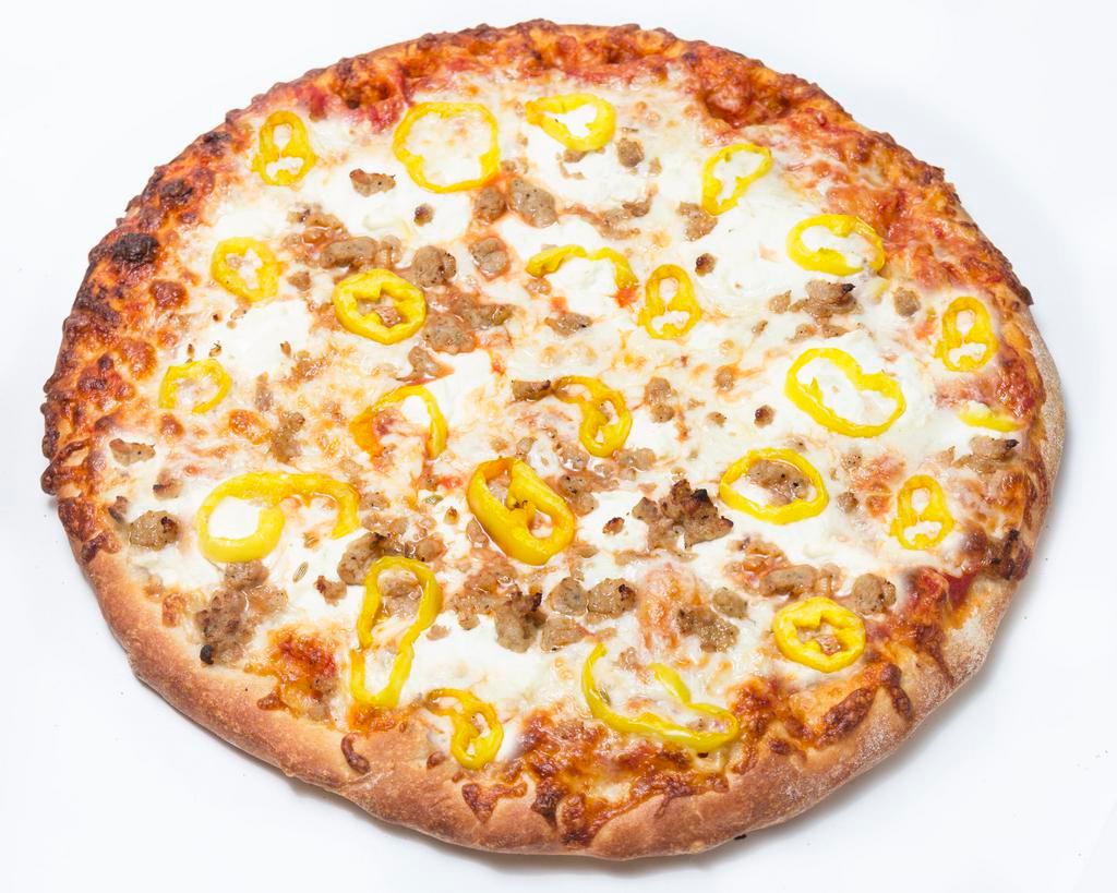 The Bonnie and Clyde Pizza · Tomato sauce, banana peppers, sausage, ricotta and mozzarella cheese.