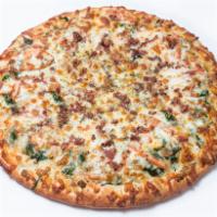 The B.L.T. Pizza · White garlic sauce, bacon, fresh spinach, sliced tomato, mozzarella cheese, pecorino Romano ...