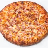 Pink Piggy Pizza · Pink sauce (garlic and tomato mix), bacon, chopped ham, mozzarella cheese and oregano.