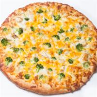 Chicken Broccoli Cheddar Pizza · White garlic sauce, grilled chicken, fresh broccoli, mozzarella, cheddar cheese and ranch sw...