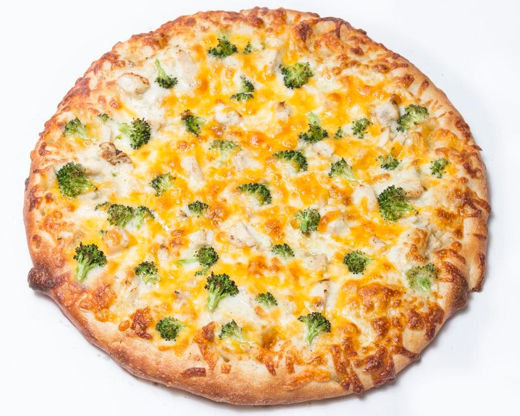 Chicken Broccoli Cheddar Pizza · White garlic sauce, grilled chicken, fresh broccoli, mozzarella, cheddar cheese and ranch swirl.