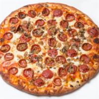 The 3 Stooges Pizza · Tomato pizza sauce, Perri's famous pepperoni, fresh mushrooms, sausage and mozzarella cheese.