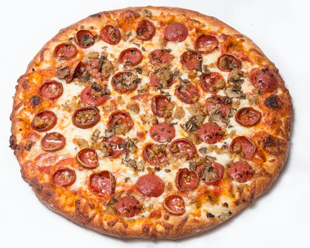 The 3 Stooges™ Pizza · Tomato pizza sauce, Perri's famous pepperoni, fresh mushrooms, sausage and mozzarella cheese.