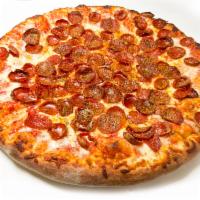 The Double Down Pizza · Tomato pizza sauce, Perri's famous pepperoni and beef pepperoni, mozzarella chees, pecorino ...