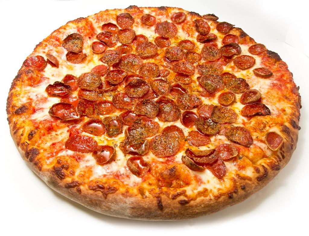 The Double Down™ Pizza · Tomato pizza sauce, Perri's famous pepperoni and beef pepperoni, mozzarella cheese, pecorino Romano and oregano.