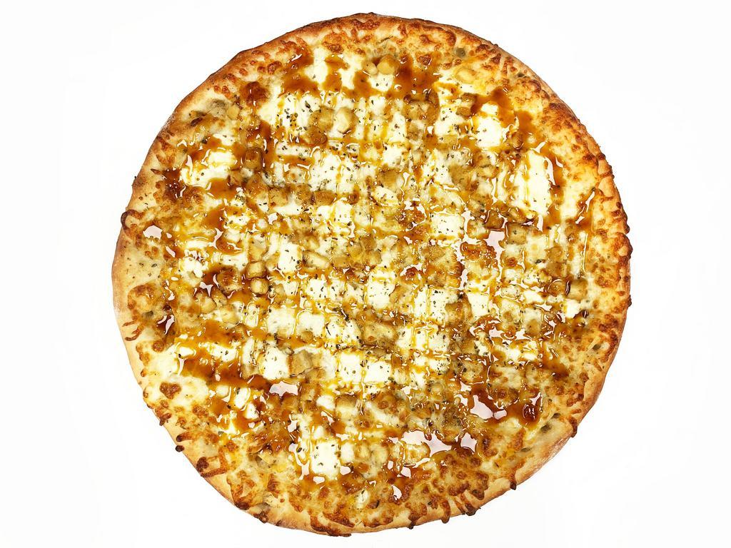 The Bee Sting™ · White garlic sauce, breaded chicken, cheddar and mozzarella cheese, Romano, oregano, honey garlic drizzle.