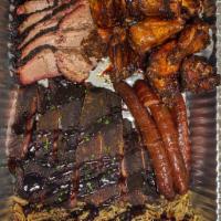 Party Platter  · 2 lbs pulled pork, full rack ribs, 2 lbs wings, 4 smoked bratwursts, 1 lb brisket, coleslaw ...
