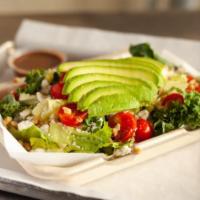 Green House Salad - Side · Gluten-free. Mixed greens, avocado, tomatoes, walnuts, feta cheese, flaxseed, and a balsamic...