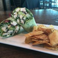 Chicken Caesar Wrap · Chilled, roasted chicken and chopped romaine lettuce, Caesar dressing,
Parmesan and grape to...