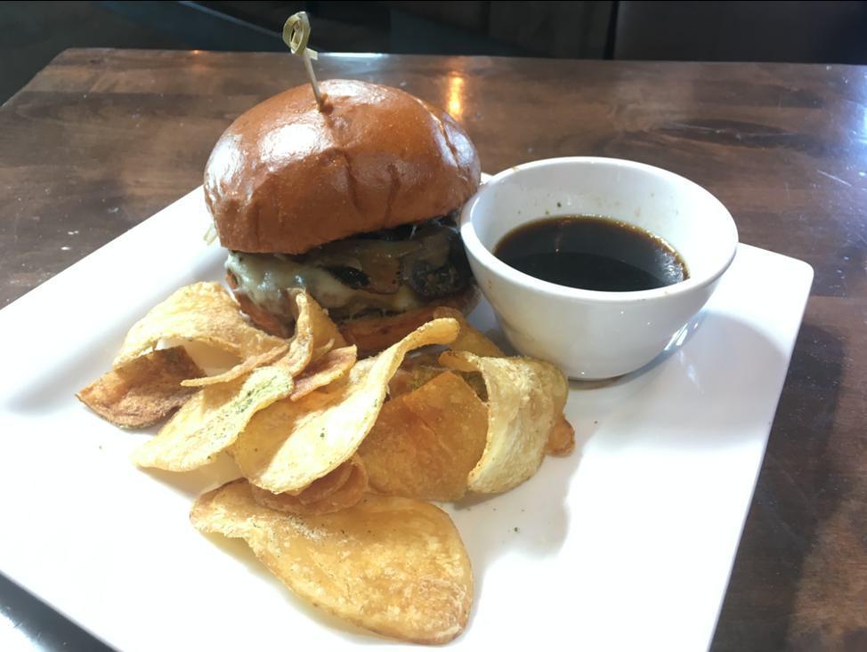 Mt. Cameron Burger · Swiss cheese, caramelized onions, sauteed mushrooms and garlic aioli on a brioche bun and served with au jus.