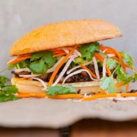 Banh Mi Sandwich · Kurobuta pork belly, lemongrass, nuoc mam, pickled daikon and carrots, cilantro, cucumber, j...