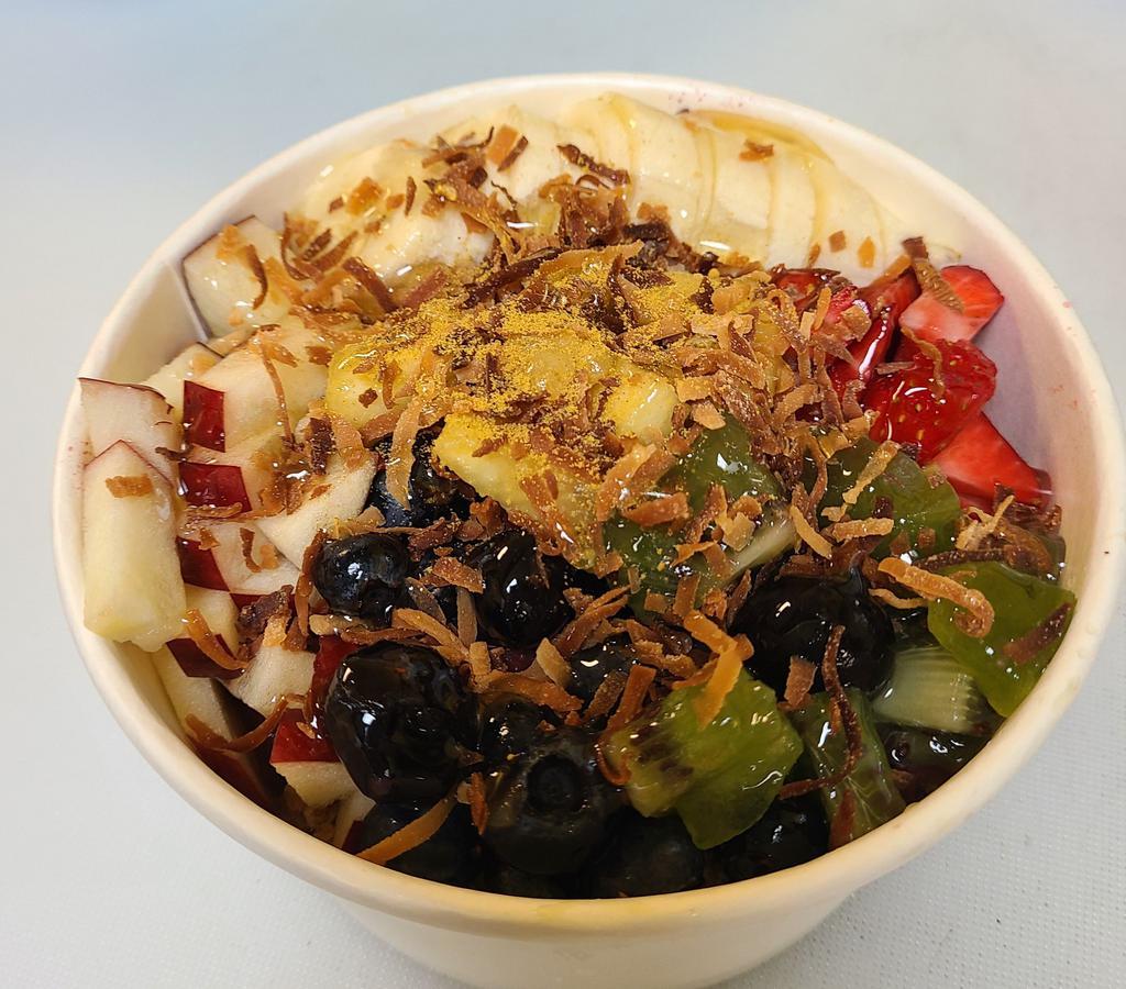HiBlend Acai Bowl · Acai blended with strawberries, blueberries, bananas, and apple juice. Topped with bananas, blueberries, strawberries, apples, kiwi, pineapple, granola, toasted coconut, bee pollen, and honey.