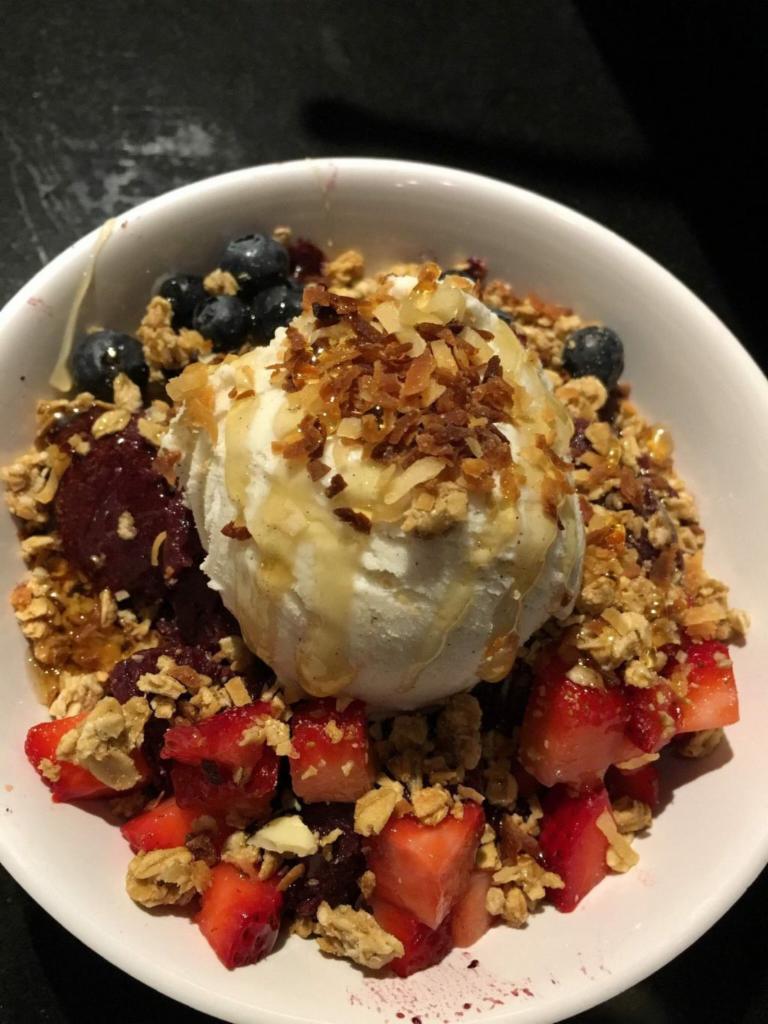 Hapa Bowl · Acai blended with strawberries, blueberries, bananas and apple juice. Topped with vanilla ice cream, bananas, blueberries, strawberries, granola, coconut flakes, and honey.
