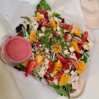 Farm Gone Wild Salad · Mixed greens, tossed with oven roasted turkey, apple, celery, cucumber, and house made raspb...