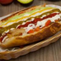 Chihuahua Hot Dog · Bacon wrapped, toasted bread, mozzarella cheese, fried beans, grilled onion, tomato, mayonna...