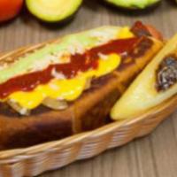 Arizona Hot Dog · Bacon wrapped, toasted bread, Mozarella, nacho cheese, grilled onion, guacamole, and chipotl...