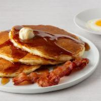 Buttermilk Pancake Combo · 1 egg, any style, 3 buttermilk pancakes with 2 cherrywood-smoked bacon strips or two sausage...
