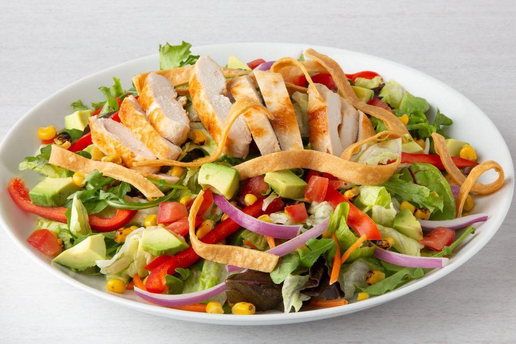 Southwest Salad · Grilled chicken breast, Southwest veggies, corn, avocado, tomatoes, and tortilla strips on mixed greens with chipotle ranch dressing.