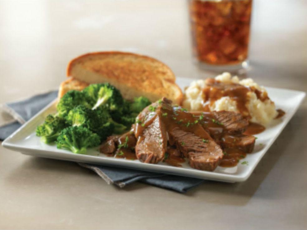 Pot Roast · Sliced tender pot roast topped with brown gravy and served with Texas toast. Served with choice of two sides.