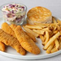 Chicken Tenders · Chicken tenders served with seasoned french fries and your choice of 1 side and a fresh-bake...