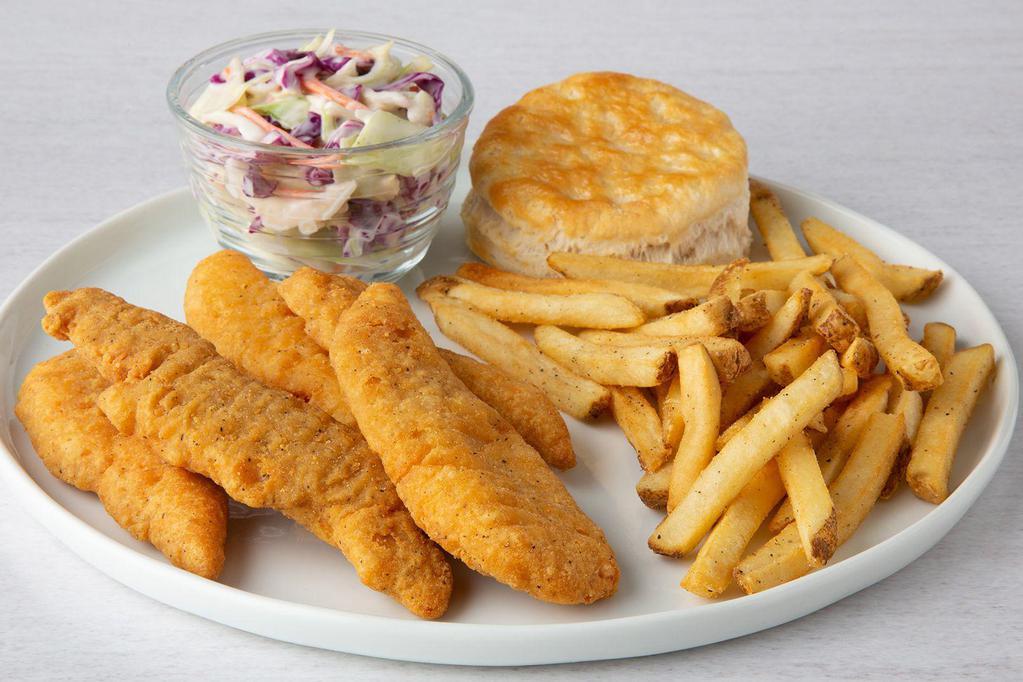 Chicken Tenders · Chicken tenders served with seasoned french fries and your choice of 1 side and a fresh-baked buttermilk biscuit.