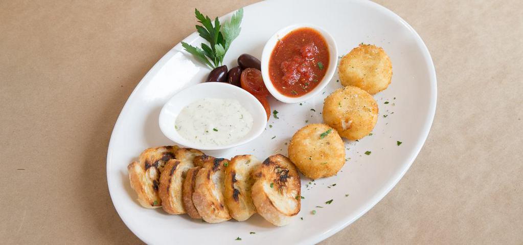 Goat Cheese Cakes Dinner · Comes with warm panko crusted goat cheese cakes, crostini and dips.
