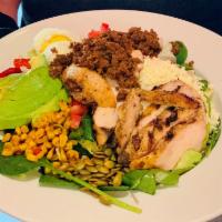 Southwest Cobb Salad · Mixed greens, grilled chicken breast, chorizo, chopped egg, avocado, red pepper, corn, queso...