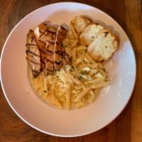Pasta with Bolos Mac 'N Cheese · Penne pasta and Alfredo sauce.