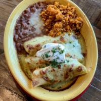Chicken Enchiladas Suizas · 3 corn tortillas, machaca chicken, red chile sauce, tomatillo sauce, jack cheese, sour cream...