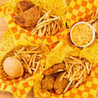 Kids Chicken Tenders · Three fried chicken tenders served with a side of fries or Chedda tots and a small drink