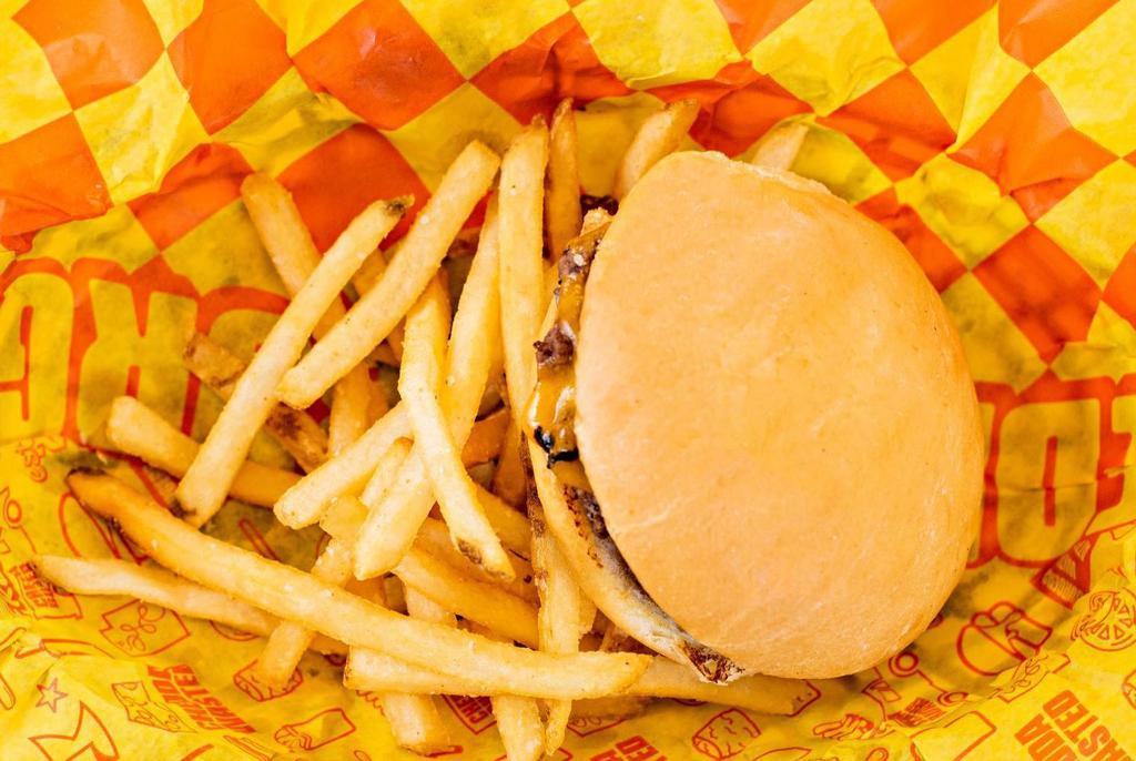 Kids Cheese Burger · Kids sized cheeseburger, plain, served with a side of fries or Chedda tots and a small drink