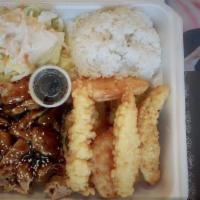 bento box 1 (C.T/SH) · chicken teriyaki. shrimp and veggie tempura, steam rice. salad