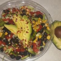 Viva Mexico Bowl · Brown rice or quinoa, romaine, black beans, tomato, cheddar, red and green peppers, sweet co...