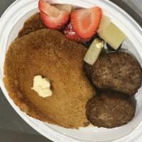 Whole wheat pancakes & vegan sausage patties · 