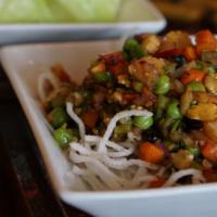 Chicken Lettuce Wraps · Spicy. Chicken, cold lettuce, chopped vegetables, onion, garlic, ginger, chili, black beans.