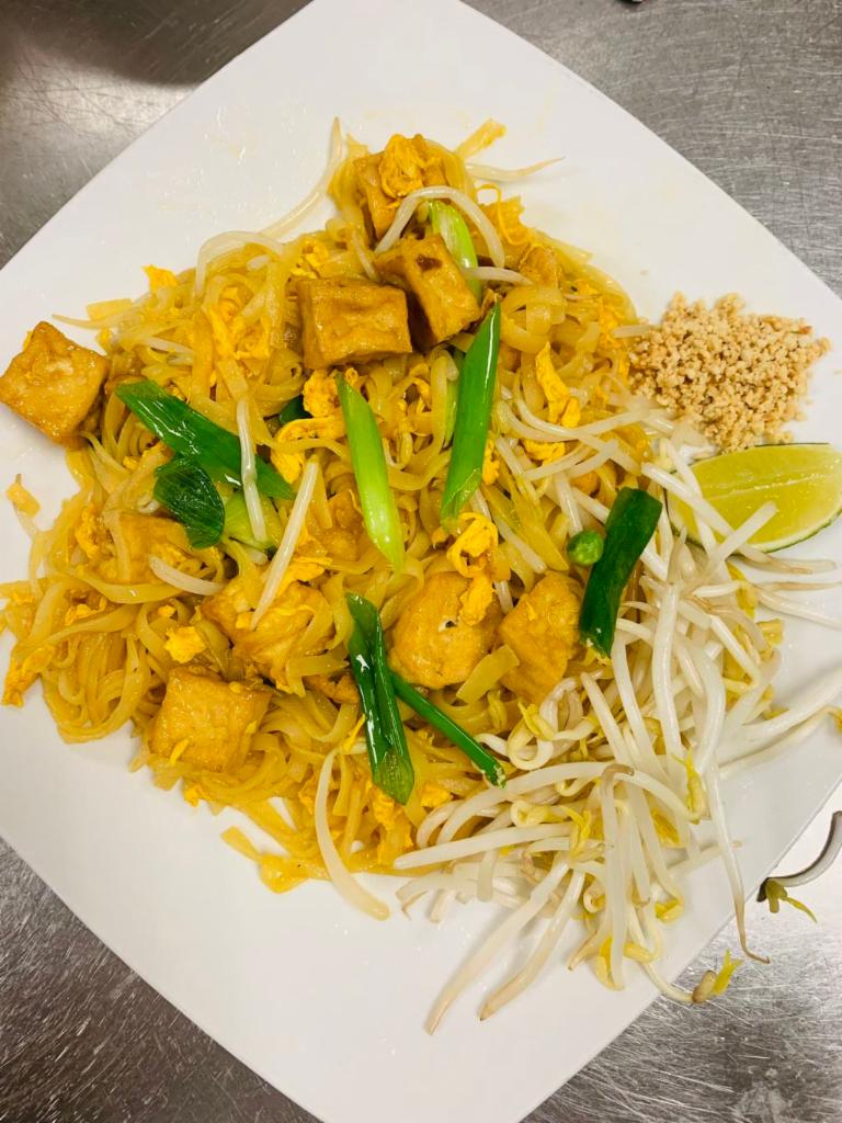 101. Pad Thai  · Choice of chicken, shrimp or tofu, stir-fried rice noodles mixed with bean sprout, onions, and peanuts.