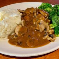 Chop Steak Combo · Lean, seasoned ground beef smothered with sauteed mushrooms and gravy.