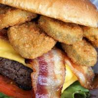  All American Burger · Topped with lettuce, tomato, bacon, American cheese, fried pickles and mayonnaise.